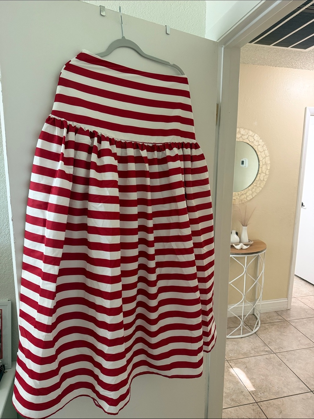 Red and White Striped Maxi Skirt with Gathered Waist
